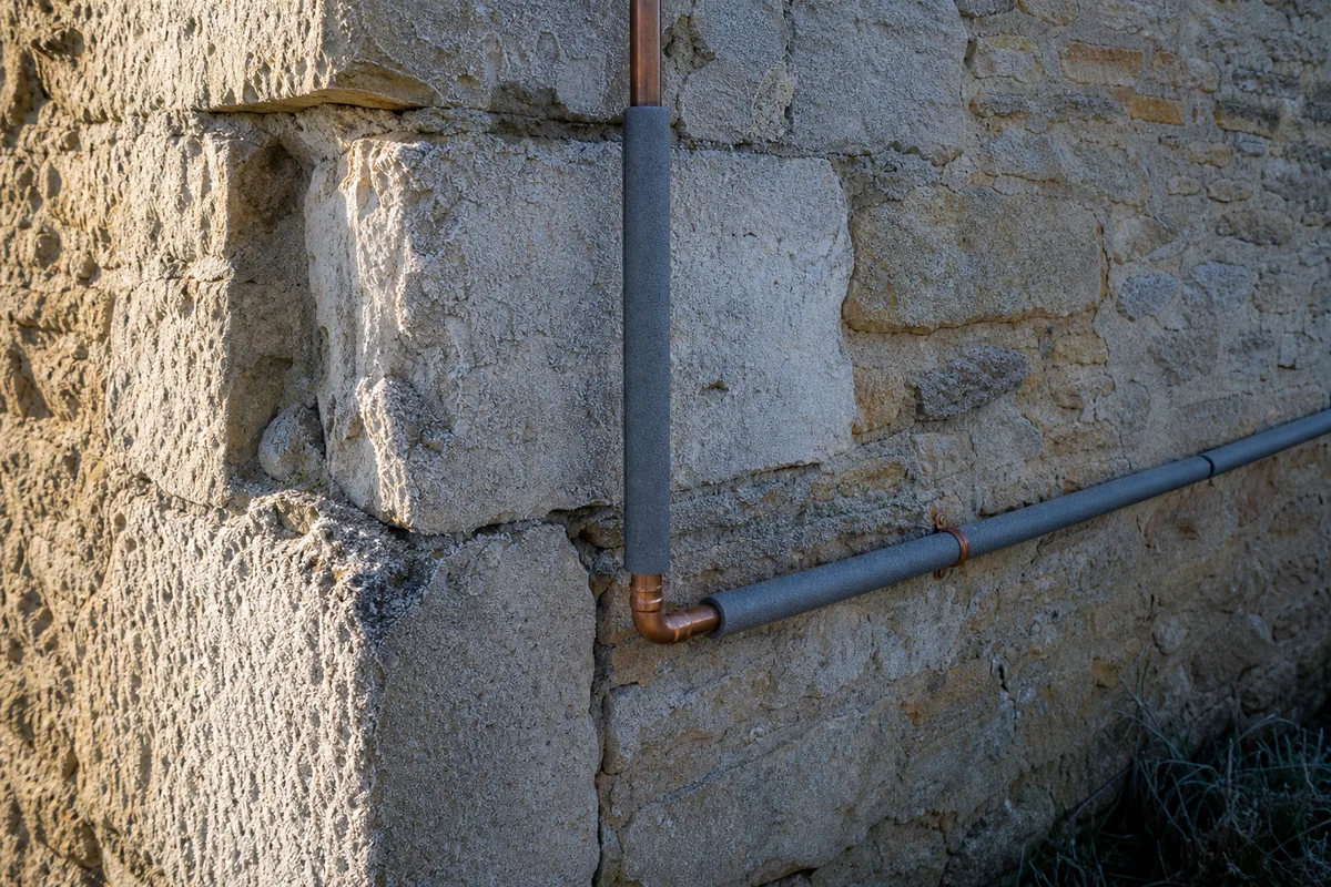 Corps de ferme en pierre de l’Auxois en hiver, tuyauterie extérieure protégée par un manchon isolant