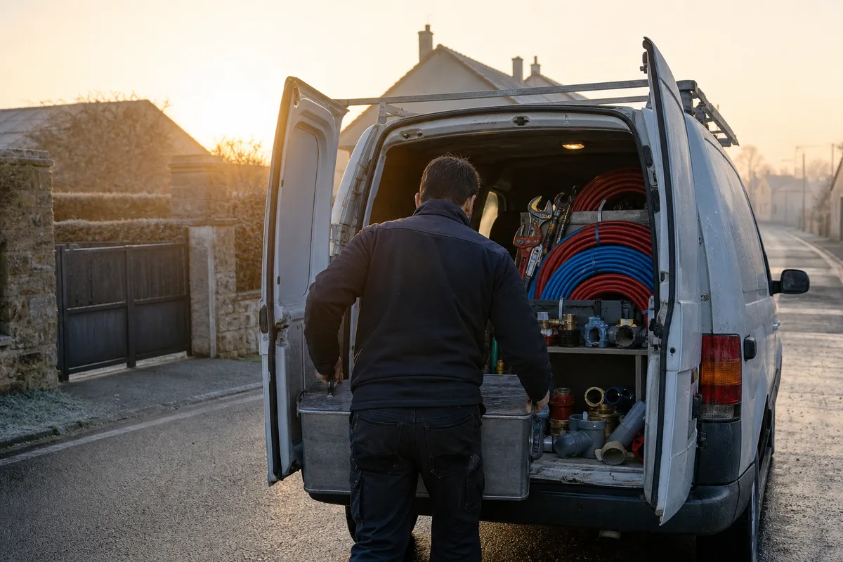 Plombier chargeant son véhicule d&rsquo;intervention au petit matin un samedi
