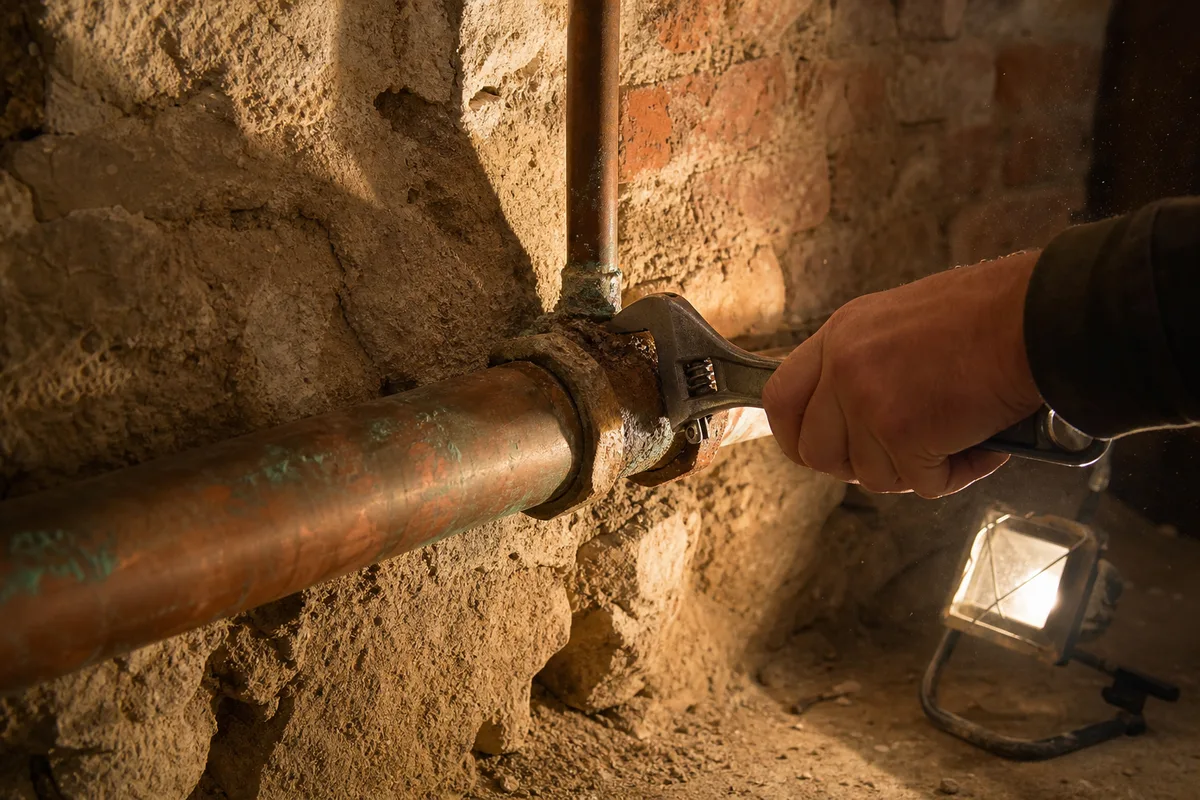 Réparation d’une canalisation en cuivre ancienne dans une maison de la reconstruction à Argentan