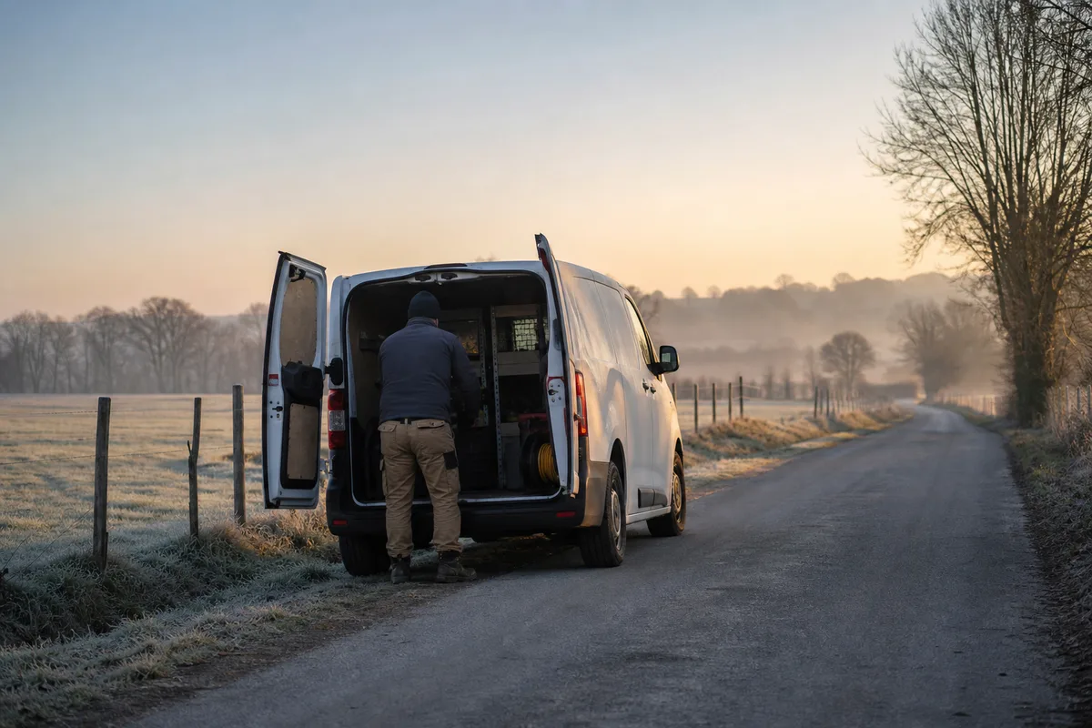 Fourgon d’intervention d’un plombier au petit matin sur une route de la plaine d’Argentan