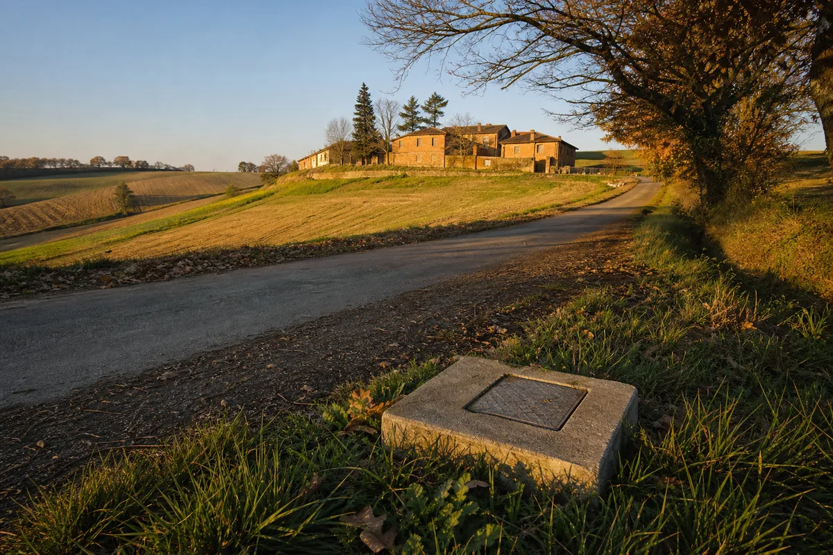 Ferme en brique dans les coteaux du Savès toulousain au petit matin