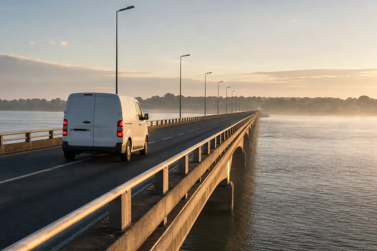 Fourgon de plombier traversant le viaduc de l’île d’Oléron au petit matin