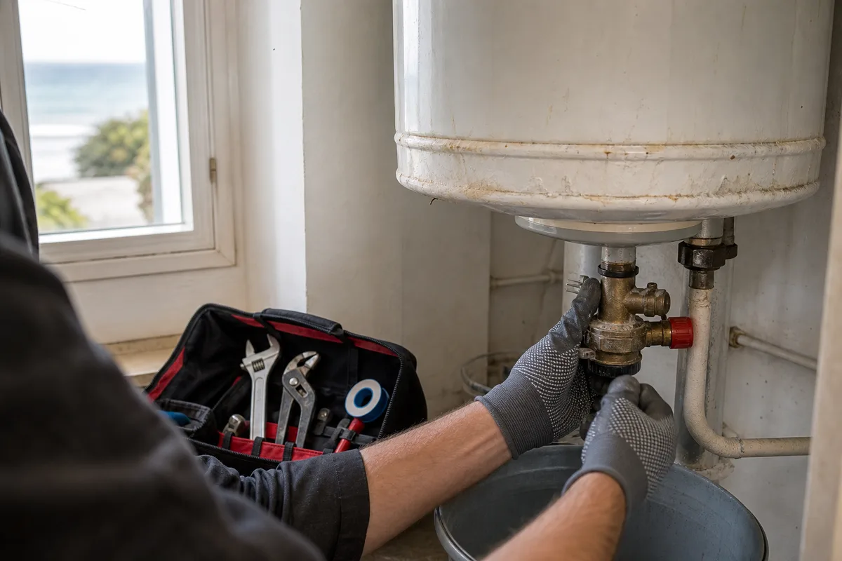 Outillage de plomberie posé près d’un chauffe-eau dans une maison de l’île
