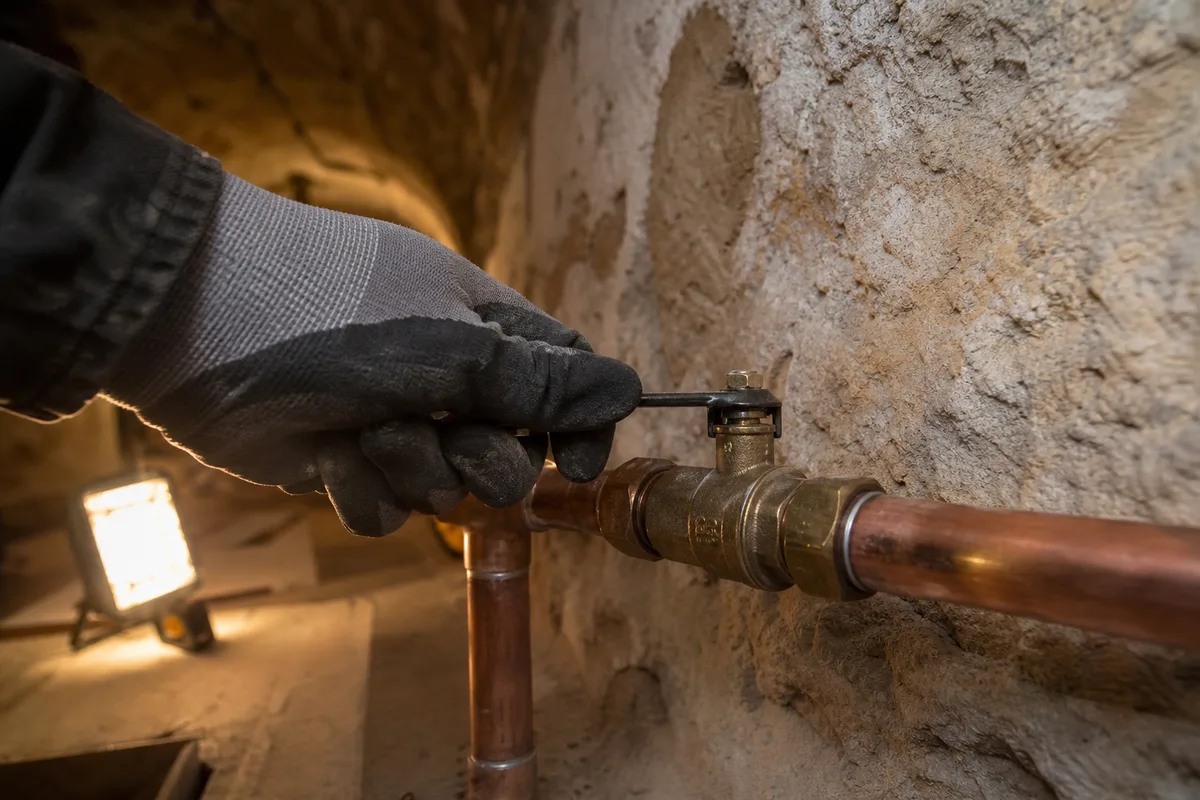 Main coupant une vanne d’arrêt d’eau en laiton dans une cave voûtée en pierre