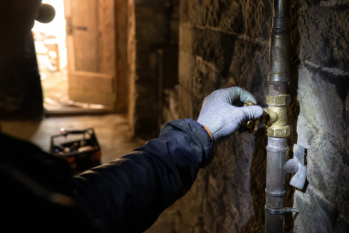 Main coupant la vanne d’arrivée d’eau générale dans un cellier en pierre, lumière rasante