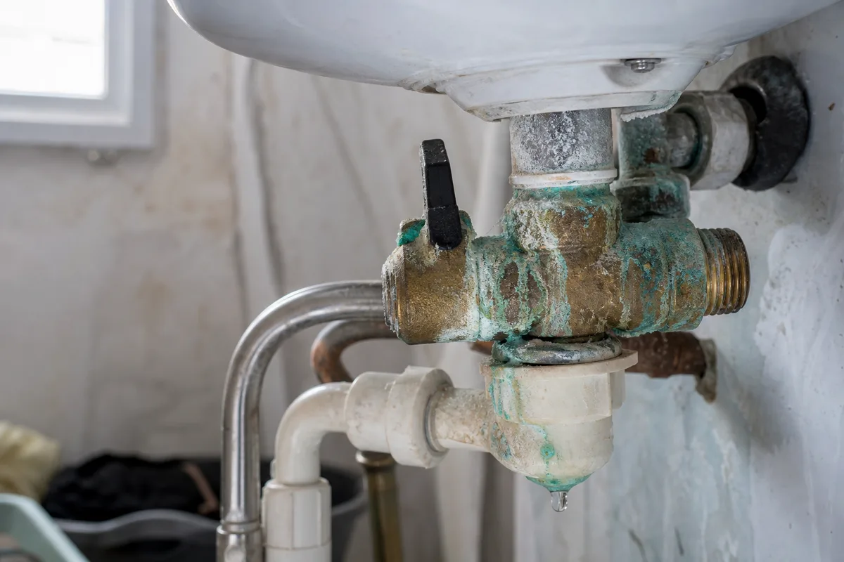 Groupe de sécurité corrodé sur un chauffe-eau dans un cellier de résidence littorale