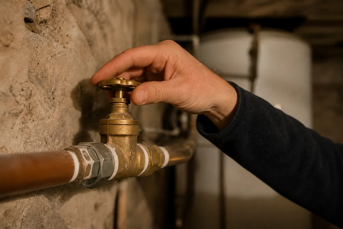Main fermant la vanne d’arrêt générale d’eau dans le cellier d’une maison