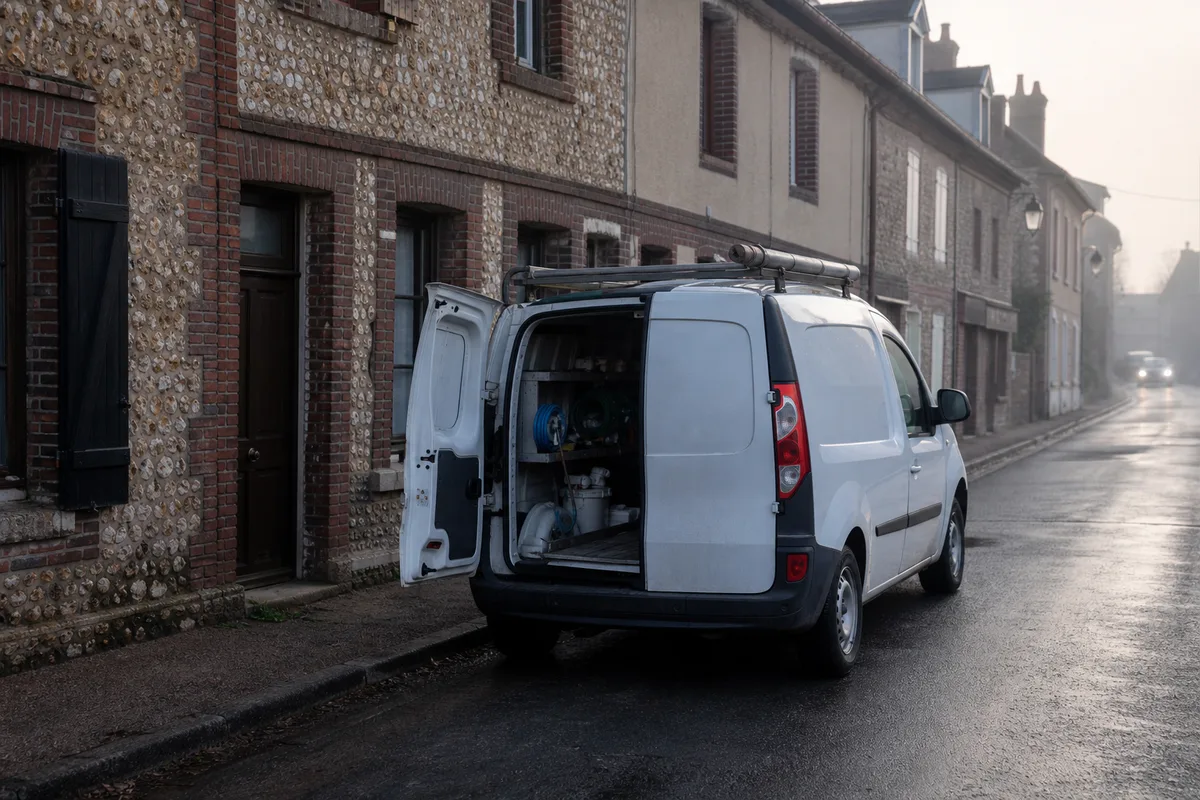 Fourgon d&rsquo;intervention de plomberie stationné au petit matin dans une rue de maisons en brique typiques de la basse Ariège