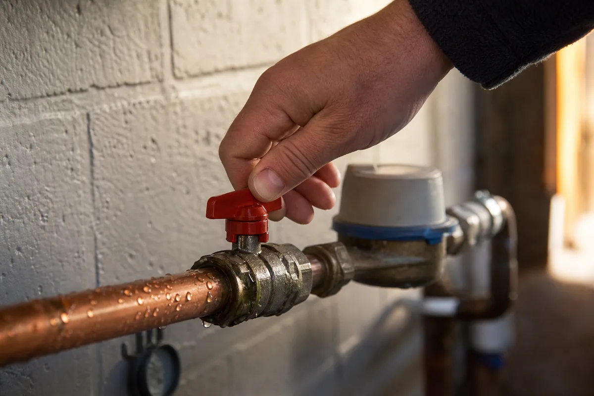 Main coupant la vanne d&rsquo;arrivée d&rsquo;eau générale sur un compteur dans un garage de pavillon, lumière rasante de fin de journée