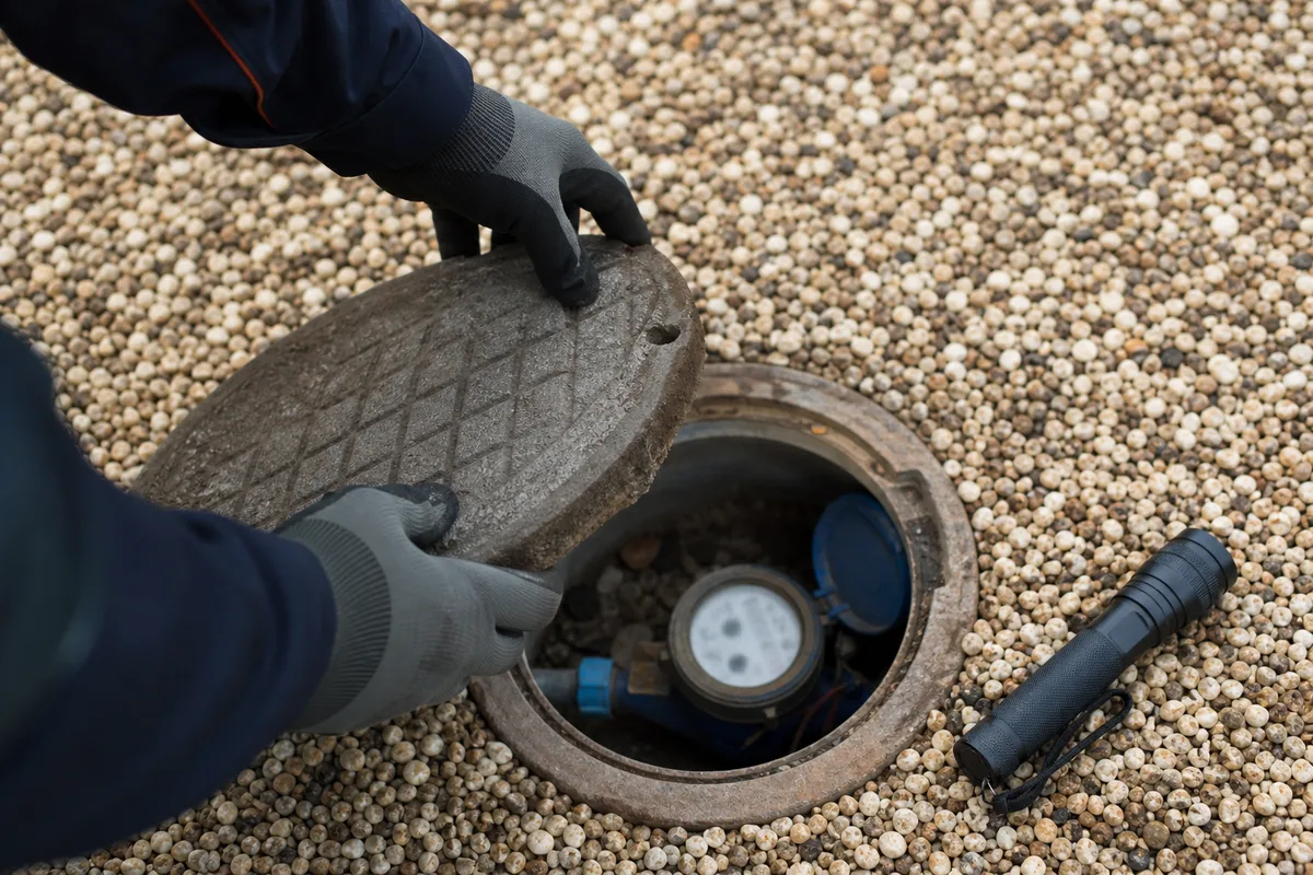 Mains d’un plombier relevant un compteur d’eau dans un regard extérieur d’une maison de plain-pied