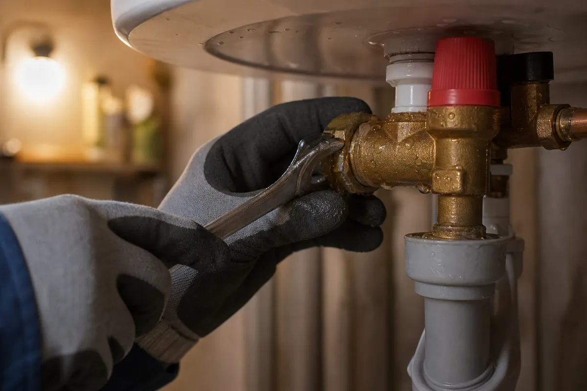Mains d’un plombier contrôlant le groupe de sécurité d’un chauffe-eau