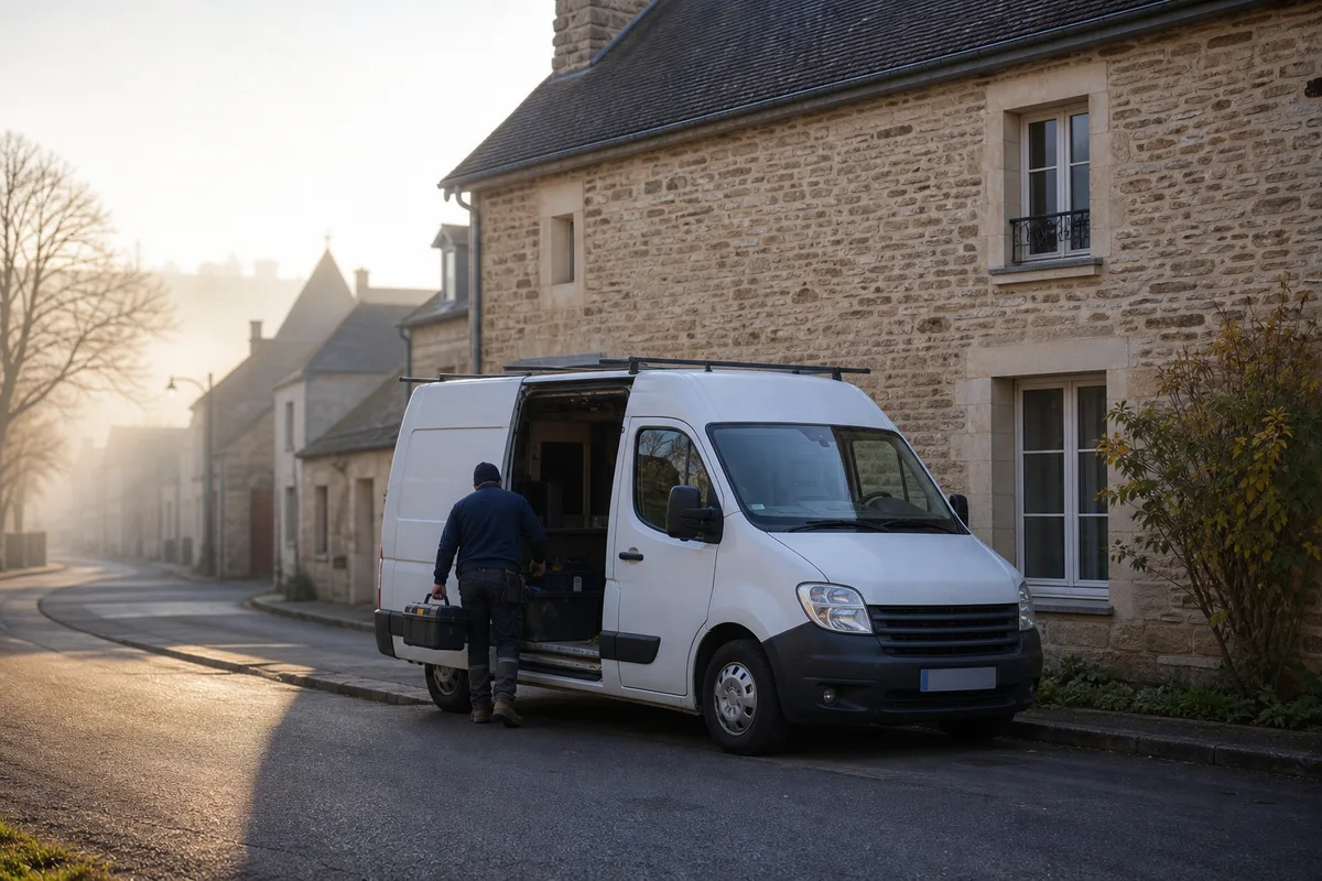 Fourgon d’intervention de plomberie stationné devant une maison au petit matin