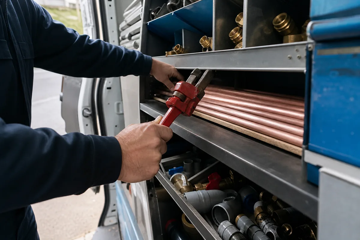 Artisan préparant son outillage dans un fourgon d&rsquo;intervention un samedi matin