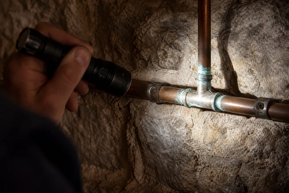 Contrôle d&rsquo;une canalisation en cuivre ancienne dans une maison en pierre